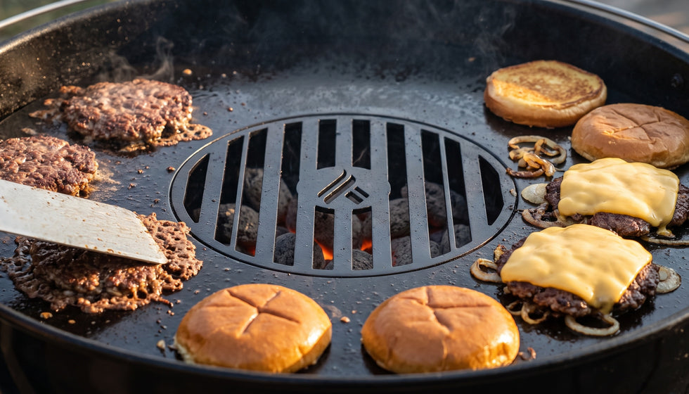 Smash burgers with melted cheese, caramelized onions and toasted buns on the Arteflame griddle ring in a charcoal kettle grill